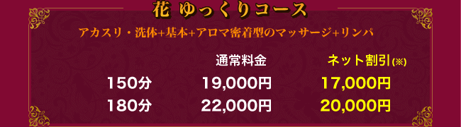花ゆっくりコース：アカスリ+洗体+基本+密着型のマッサージ+リンパ
